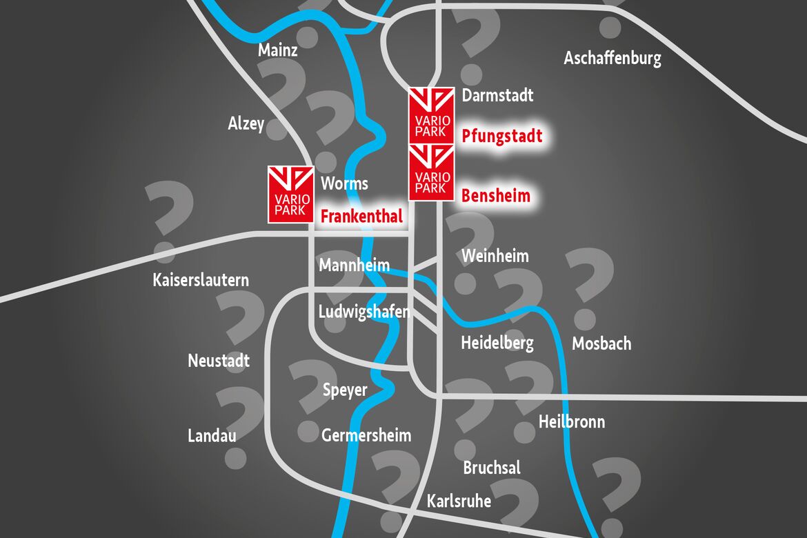 VarioPark-Logos an den aktuellen drei Standorten und bildliche Fragezeichen südlich davon