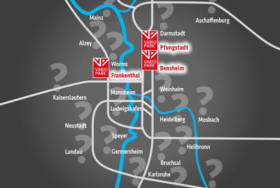 VarioPark-Logos an den aktuellen drei Standorten und bildliche Fragezeichen südlich davon